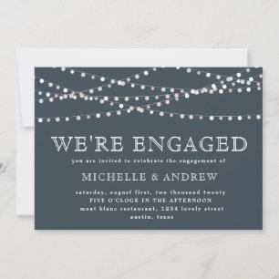 blush pink pastel string lights engagement invitation