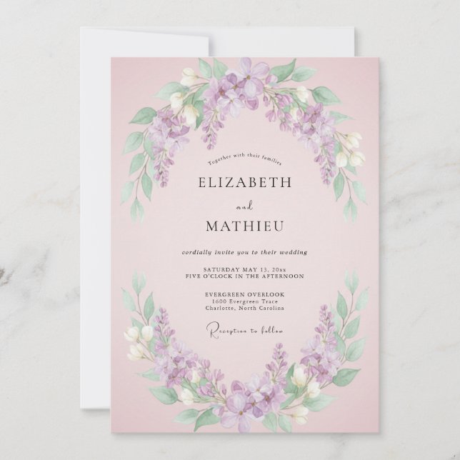 Blush Pink Peaceful Lilac Wedding Invitation (Front)