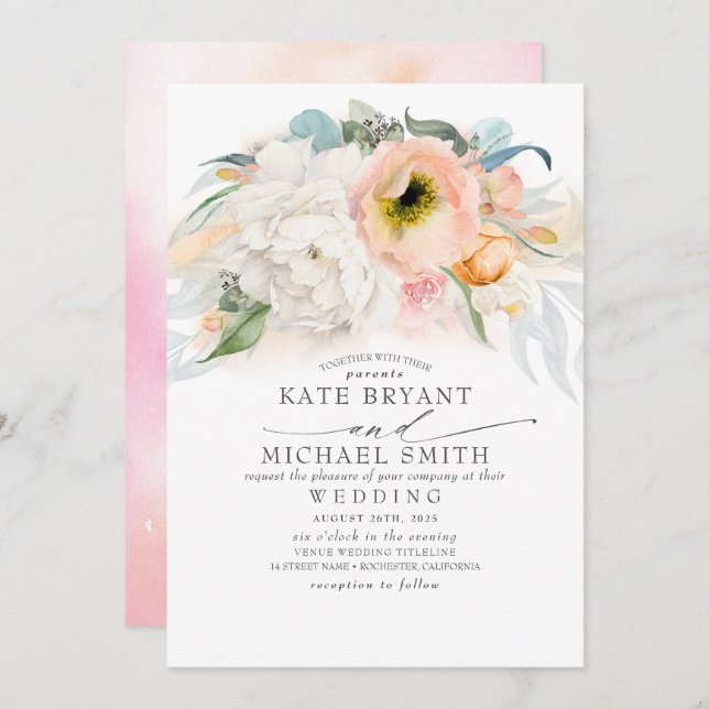 Blush Pink Peach and White Floral Elegant Wedding Invitation (Front/Back)