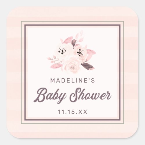 Blush Pink Peach  Cream Floral Baby Shower Favor Square Sticker