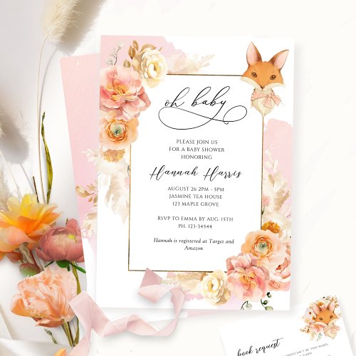 Blush Pink Peach Floral and Fox Girl Baby Shower Invitation