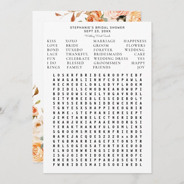 Blush Pink Peach Floral Bridal Shower Word Search Invitation (Front/Back)