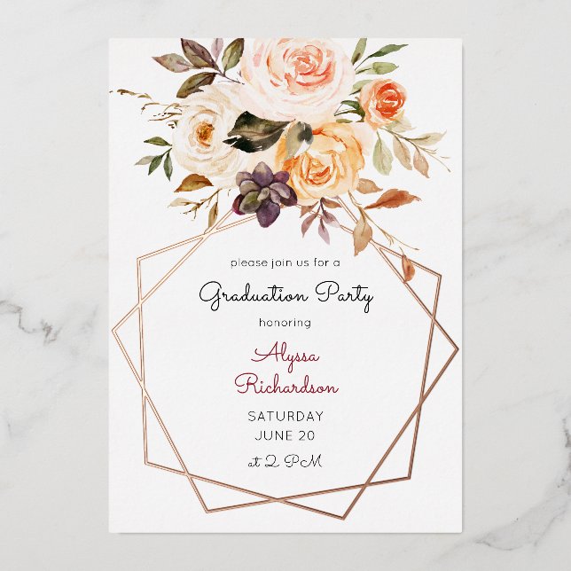 Blush Pink & Peach Floral & Frame Graduation Party Foil Invitation (Front)