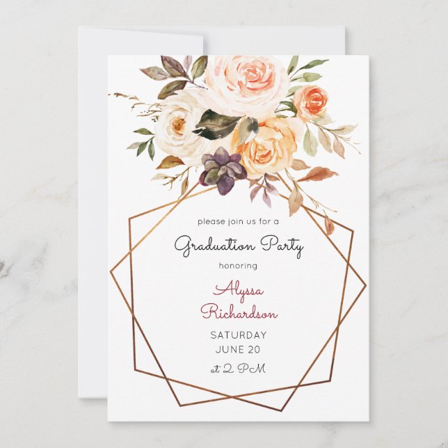 Blush Pink & Peach Floral & Frame Graduation Party Invitation (Front)