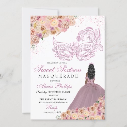 Blush Pink Peach Floral Masquerade Birthday Invitation