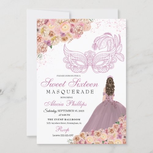 Blush Pink Peach Floral Masquerade Birthday Invitation