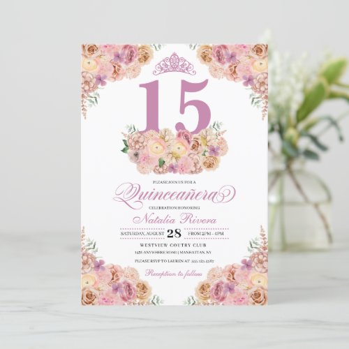 Blush Pink Peach Floral Quinceanera Birthday Invitation