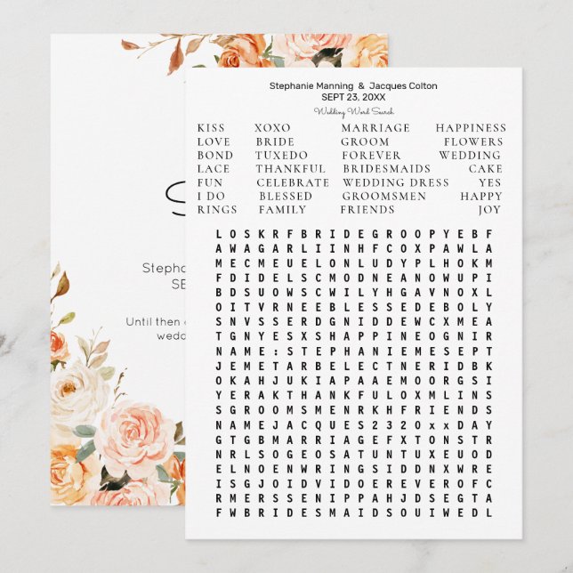 Blush Pink  Peach Floral Save the Date Word Search Invitation (Front/Back)