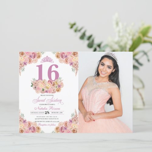 Blush Pink Peach Floral Sweet 16 Birthday Photo Invitation