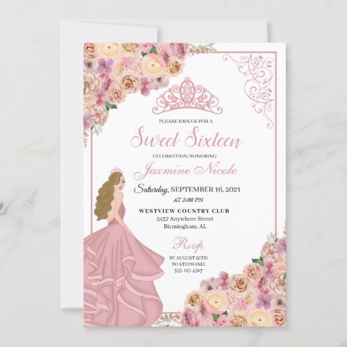 Blush Pink Peach Floral Sweet Sixteen Birthday Inv Invitation