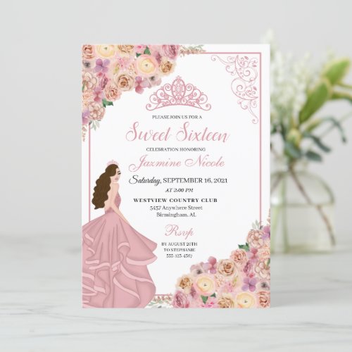 Blush Pink Peach Floral Sweet Sixteen Birthday Inv Invitation