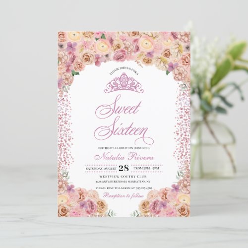 Blush Pink Peach Floral Sweet Sixteen Birthday Invitation