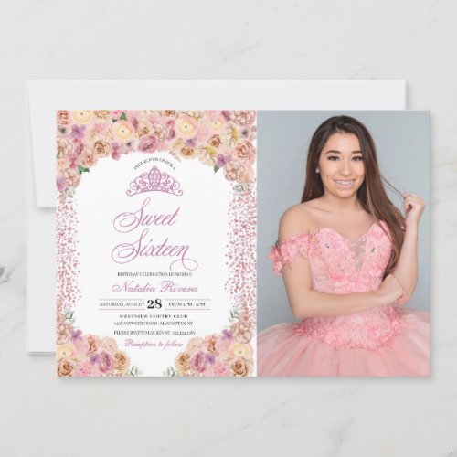 Blush Pink Peach Floral Sweet Sixteen Birthday Invitation