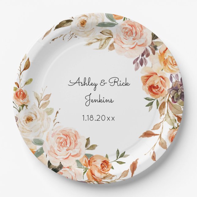 Blush Pink & Peach Floral Wedding Paper Plates (Front)