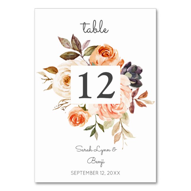 Blush Pink & Peach Floral Wedding Table Number (Front)