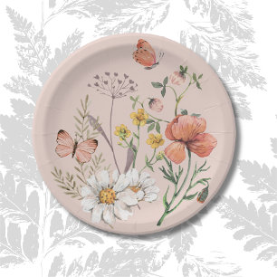 Blush Pink Peach Floral Wildflower Round Paper Plates