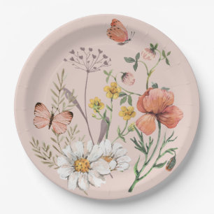 Blush Pink Peach Floral Wildflower Round Paper Plates