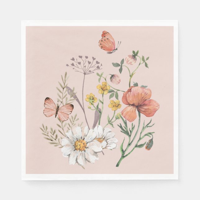 Blush Pink Peach Floral Wildflower Square Napkins (Front)