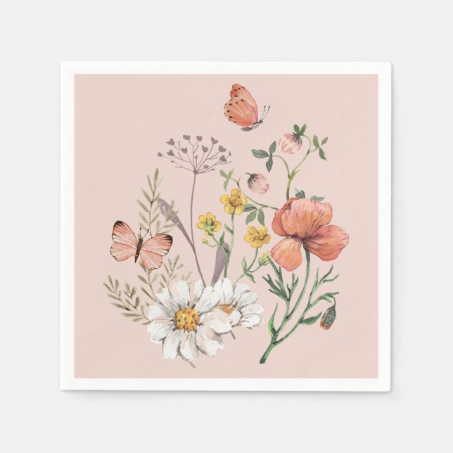 Blush Pink Peach Floral Wildflower Square Napkins (Front)
