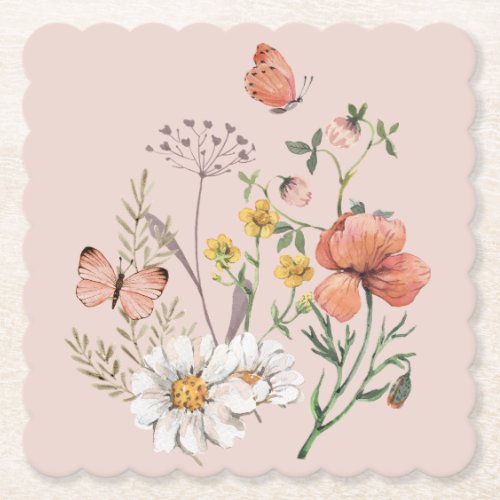 Blush Pink Peach Floral Wildflower Square Paper Coaster