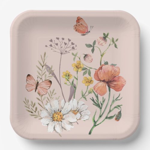 Blush Pink Peach Floral Wildflower Square Paper Plates