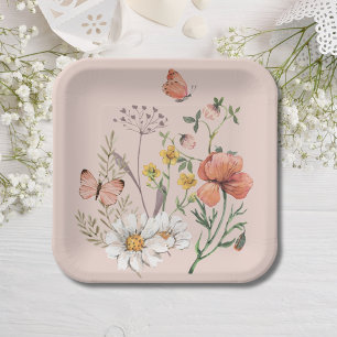 Blush Pink Peach Floral Wildflower Square Paper Plates
