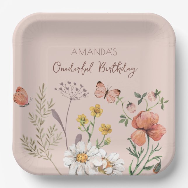 Blush Pink Peach Floral Wildflower Square Paper Plates (Front)