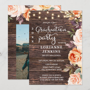 Blush Pink & Peach Floral Wood Graduation w Photo Invitation