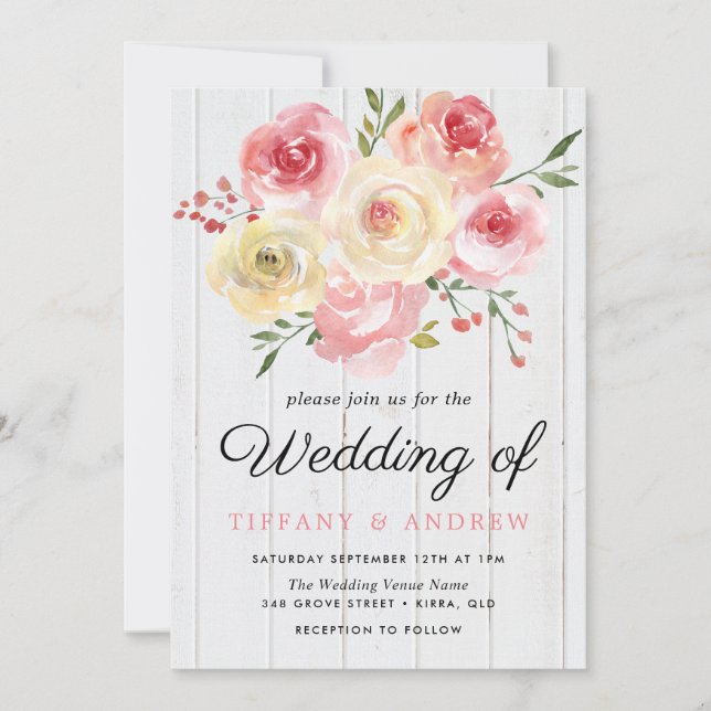 Blush Pink Peach Flowers Wood Wedding Invite (Front)