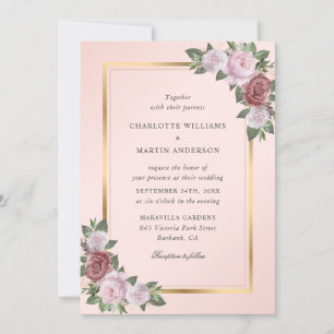 Blush Pink Peach Gold Floral Wedding Invitation