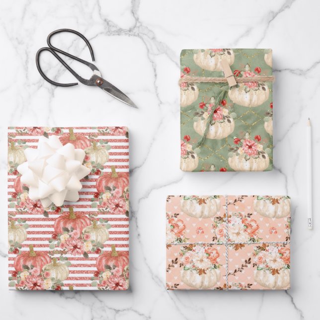 Blush Pink Peach Green Pumpkin Gifts Favor Wrapping Paper Sheets (Front)