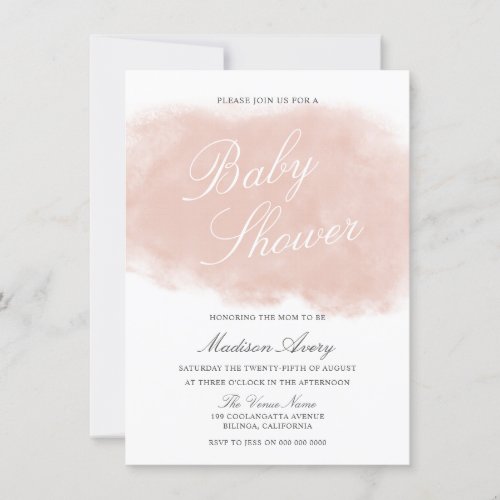 Blush Pink Peach Modern Watercolor Baby Shower Invitation