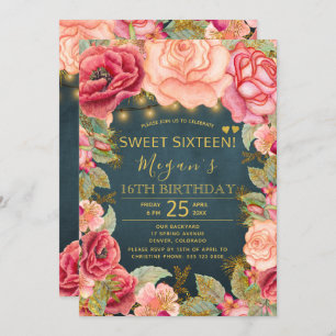 Blush pink peach navy gold string lights sweet 16 invitation