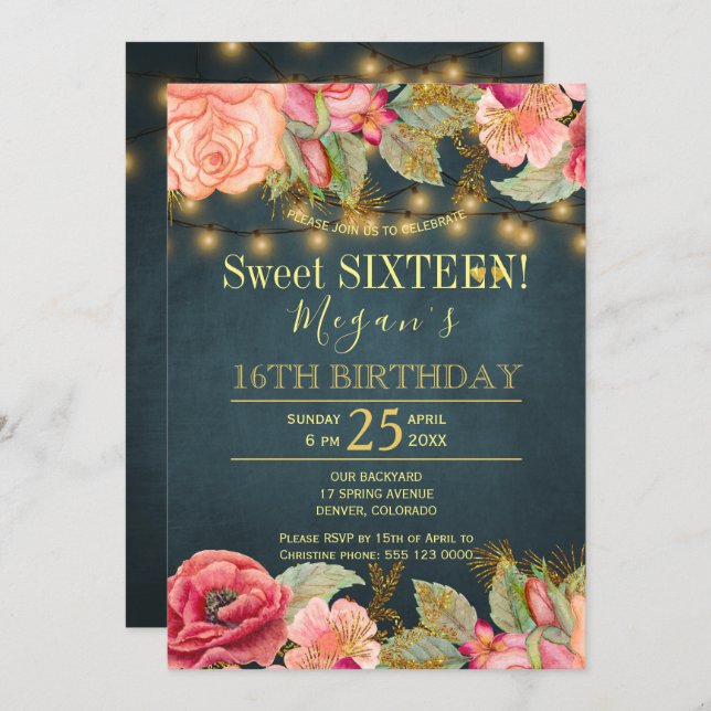 Blush pink peach navy gold string lights sweet 16 invitation (Front/Back)