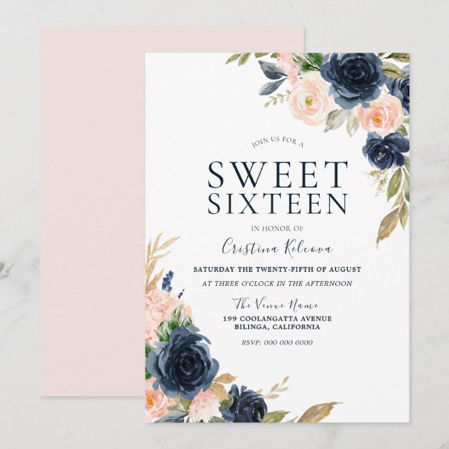 Blush Pink Peach & Navy Sweet 16 Birthday Party Invitation (Front/Back)