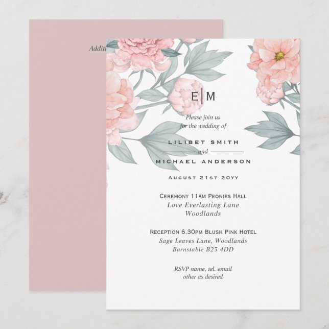 Blush Pink Peach PEONIES Wedding Invite Reception (Front/Back)