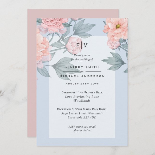 Blush Pink Peach PEONIES Wedding Invite Reception (Front/Back)