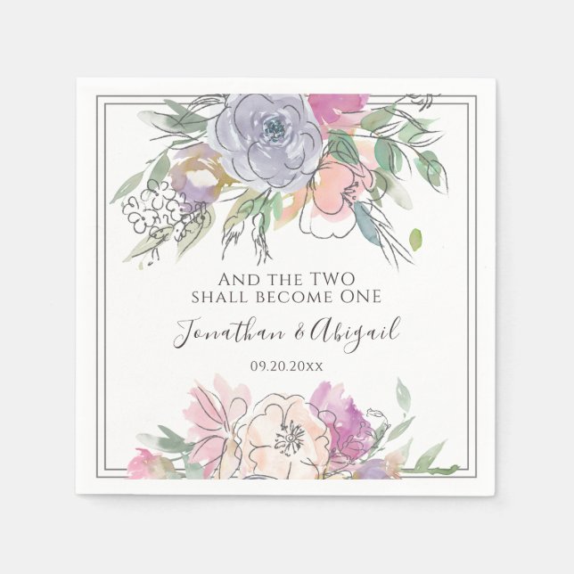 Blush Pink Peach Purple Floral Gray Frame Wedding Napkins (Front)
