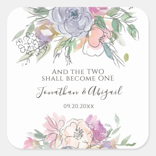 Blush Pink Peach Purple Floral Watercolor Wedding Square Sticker