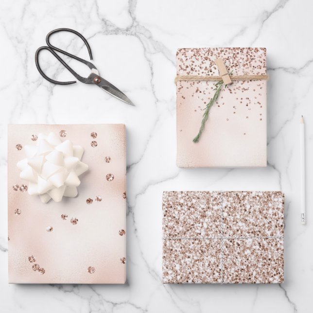 Blush Pink Peach Rose Gold Glitter Dots     Wrapping Paper Sheets (Front)