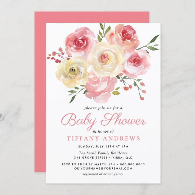 Blush Pink Peach Watercolor Floral Baby Shower Invitation (Front/Back)