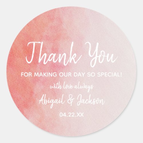 Blush Pink  Peach Watercolor Wedding Thank You Classic Round Sticker