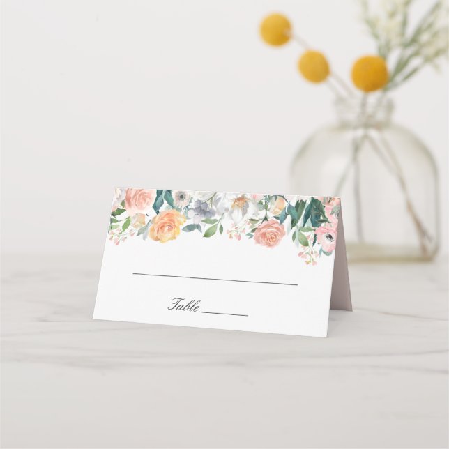 Blush Pink Peach White Garden Floral Wedding Place Card (Front)