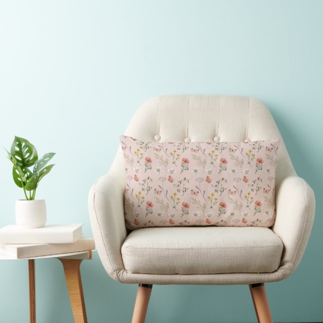 Blush Pink Peach Wildflower Lumbar Pillow (Chair)