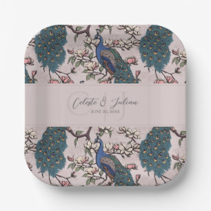 Blush Pink Peacocks & Magnolia Flowers Paper Plates