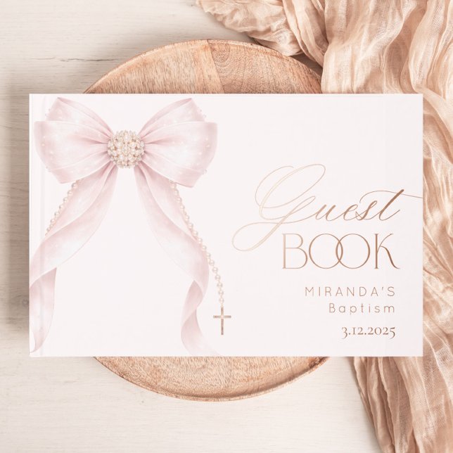 Blush Pink Pearls Bow Baby Girl Baptism Foil Guest Book (Creator Uploaded)
