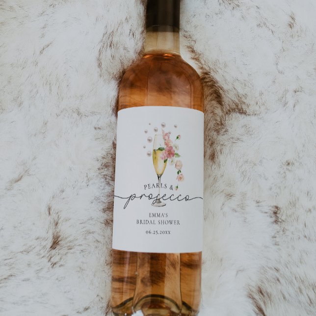 Blush Pink Pearls & Prosecco Bridal Shower Favor Wine Label (Creator Uploaded)