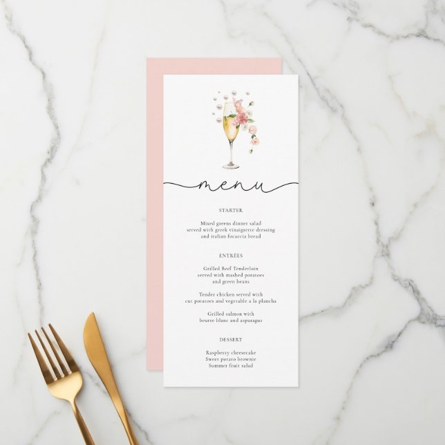 Blush Pink Pearls & Prosecco Wildflower Menu Cards (Front/Back In Situ)