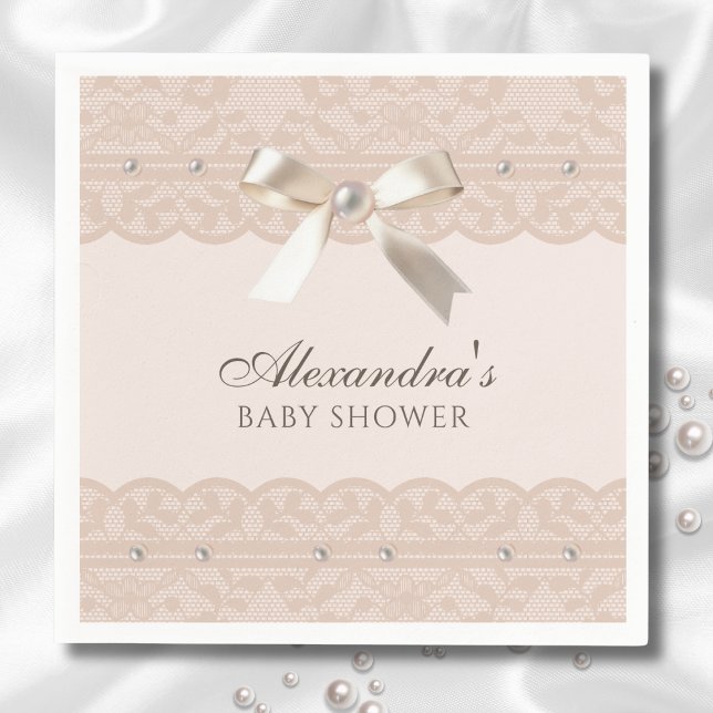 Blush Pink Pearls Satin Bow Lace Baby Shower Napkins (Creator Uploaded)