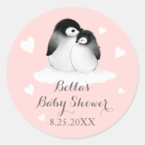 Blush Pink Penguins Baby Shower Stickers